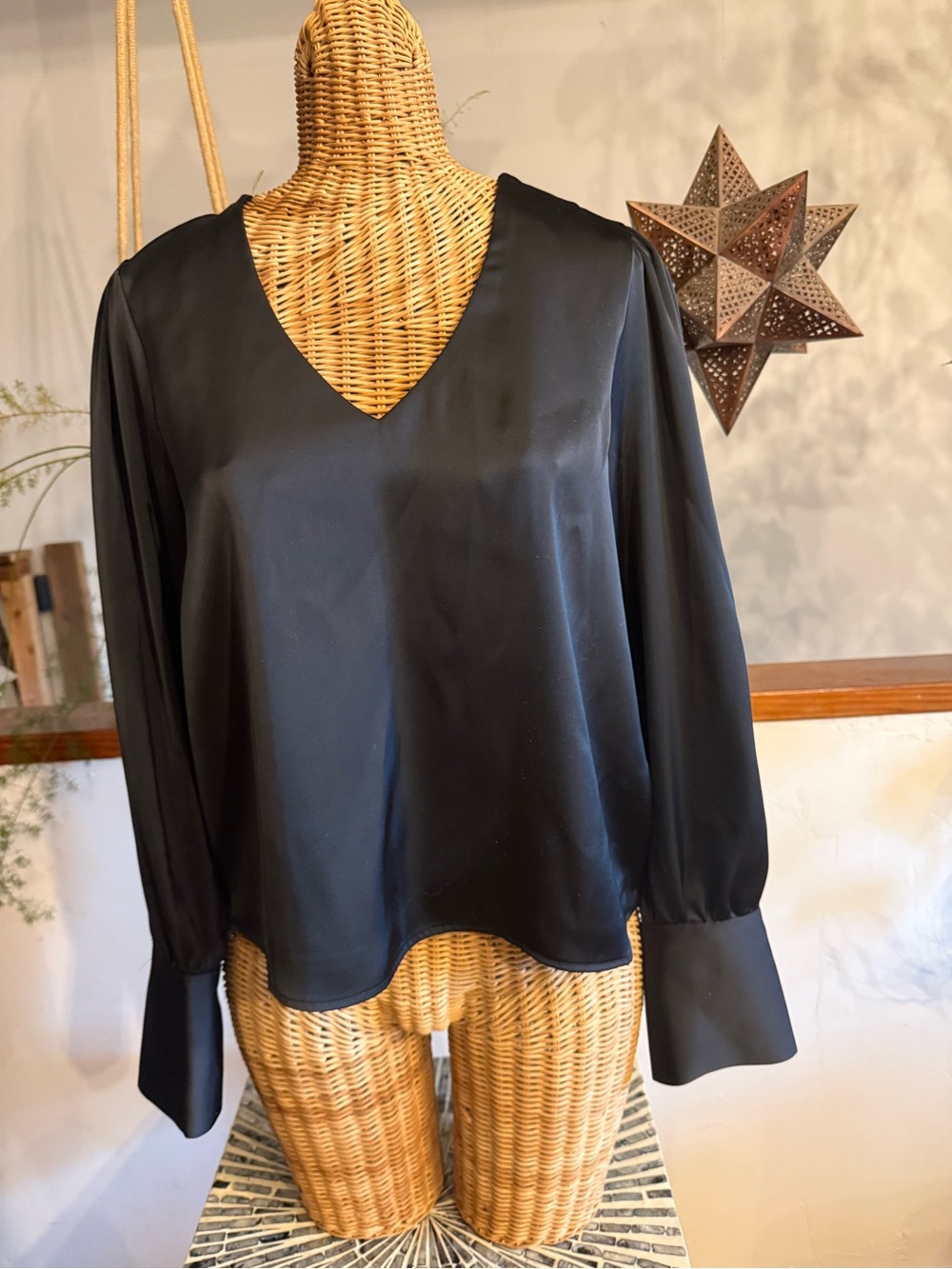 Black V-Neck Long Sleeve Satin Blouse - Women's Top